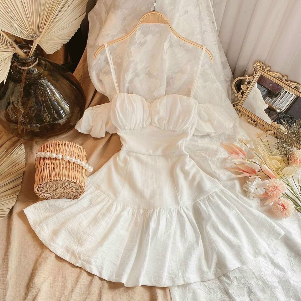 Đầm trắng 2s rớt vai dáng xoè có đệm ngực XUKA-DRESS