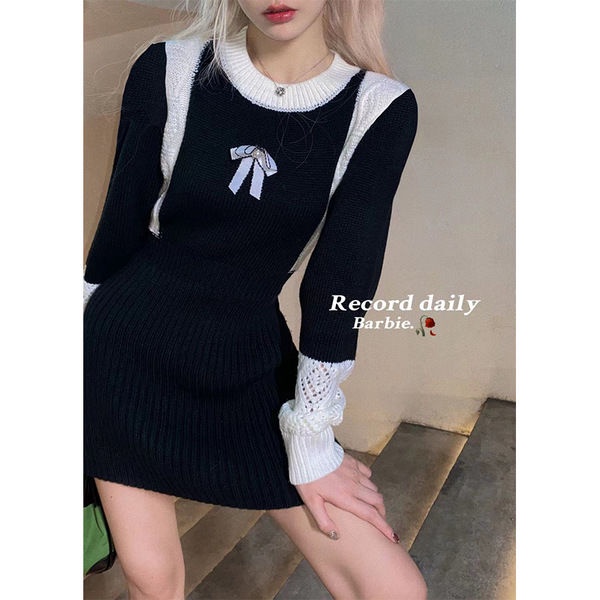 Đầm dệt kim dày trễ vai màu trắng đen thời trang thu đông cho nữ