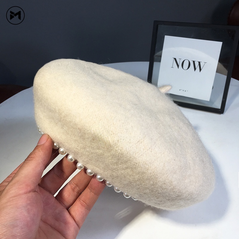 Mũ Beret Len Lông Cừu Đính Ngọc Trai Phong Cách Anh Quốc Thời Trang Thu Đông Cho Nữ