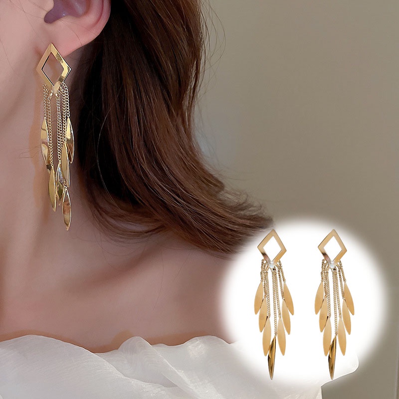 Khuyên Tai Kim Loại Dài Đính Đá Phong Cách Âu Mỹ