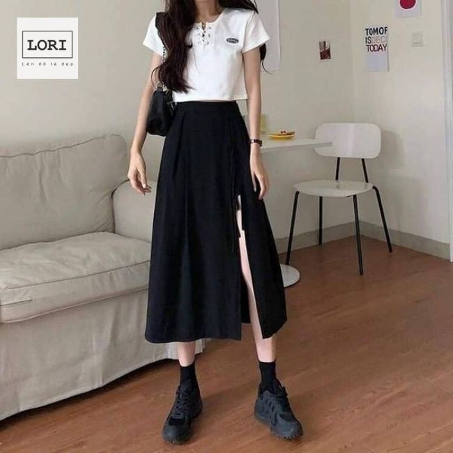 Chân Váy Xẻ Tà MIDI Chữ A Dài Xếp Ly Siêu Đẹp Có Dây Buộc Thắt Nơ Hot 2020 - LORI STORE