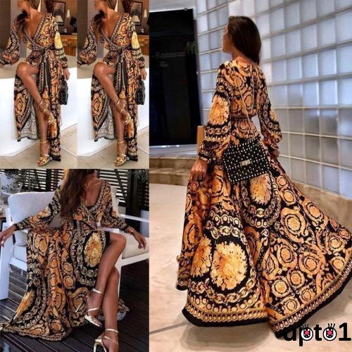 Đầm dáng dài cổ V xẻ tà thời trang nữ retro | BigBuy360 - bigbuy360.vn