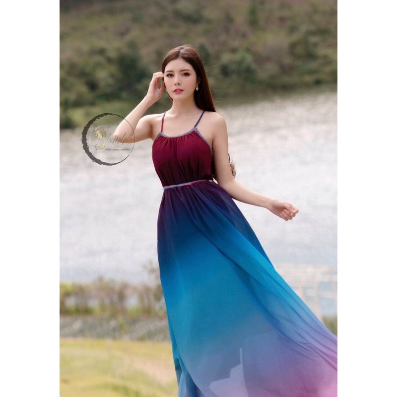 [CÓ HÌNH THẬT] ĐẦM MAXI LOANG OMBRE CỔ YẾM HỞ LƯNG SIÊU ĐẸP