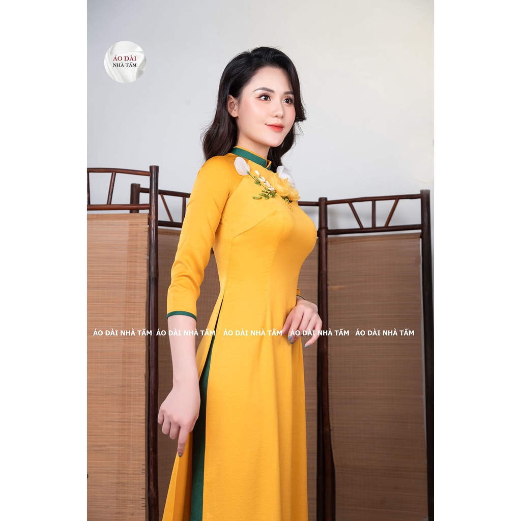 ÁO DÀI TRUYỀN THỐNG THÊU ĐÍNH HOA NỔI, LỤA CAO CẤP NHÀ TẤM - MÃ C9
