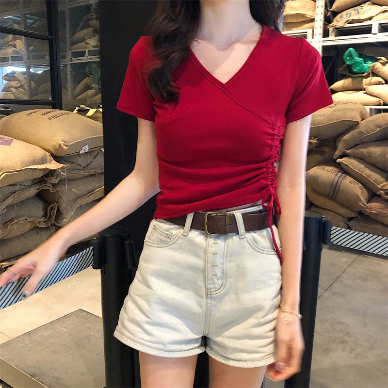 Áo thun croptop cổ V rút dây hông siêu sexyyy, siêu xinh