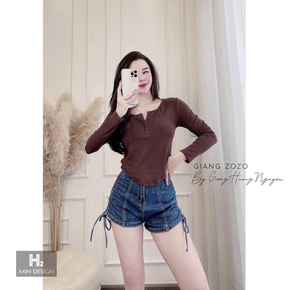 Áo pull cổ tròn dài tay cúc ngực áo kiểu nữ