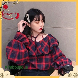 Áo trễ vai caro dây nơ style Hàn Quốc