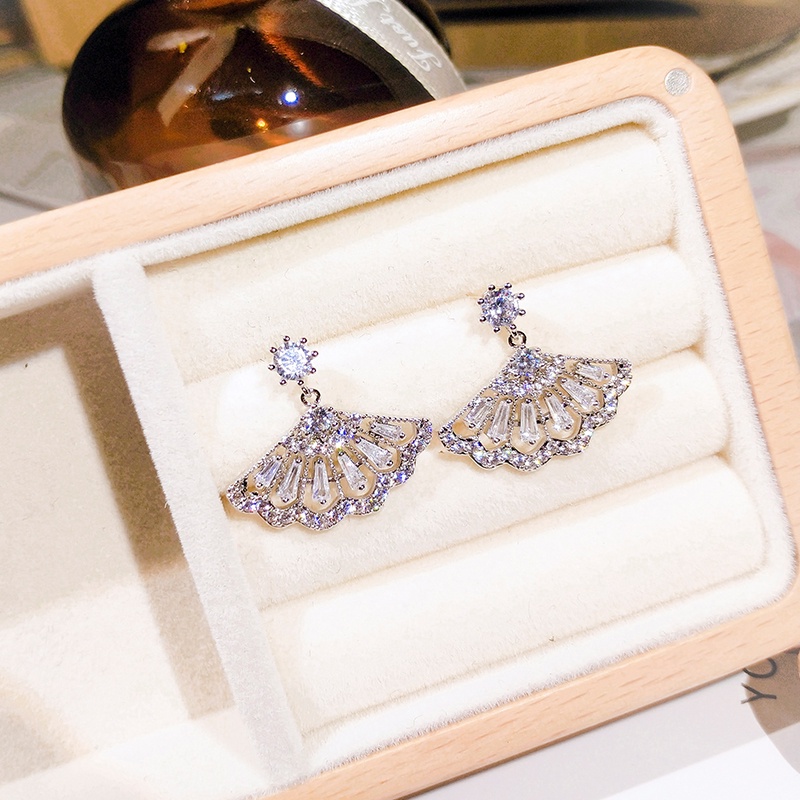 Khuyên tai JIUDUOLAN dạng quạt thiết kế đính đá zircon phong cách Hàn Quốc thời trang sang trọng dành cho nữ