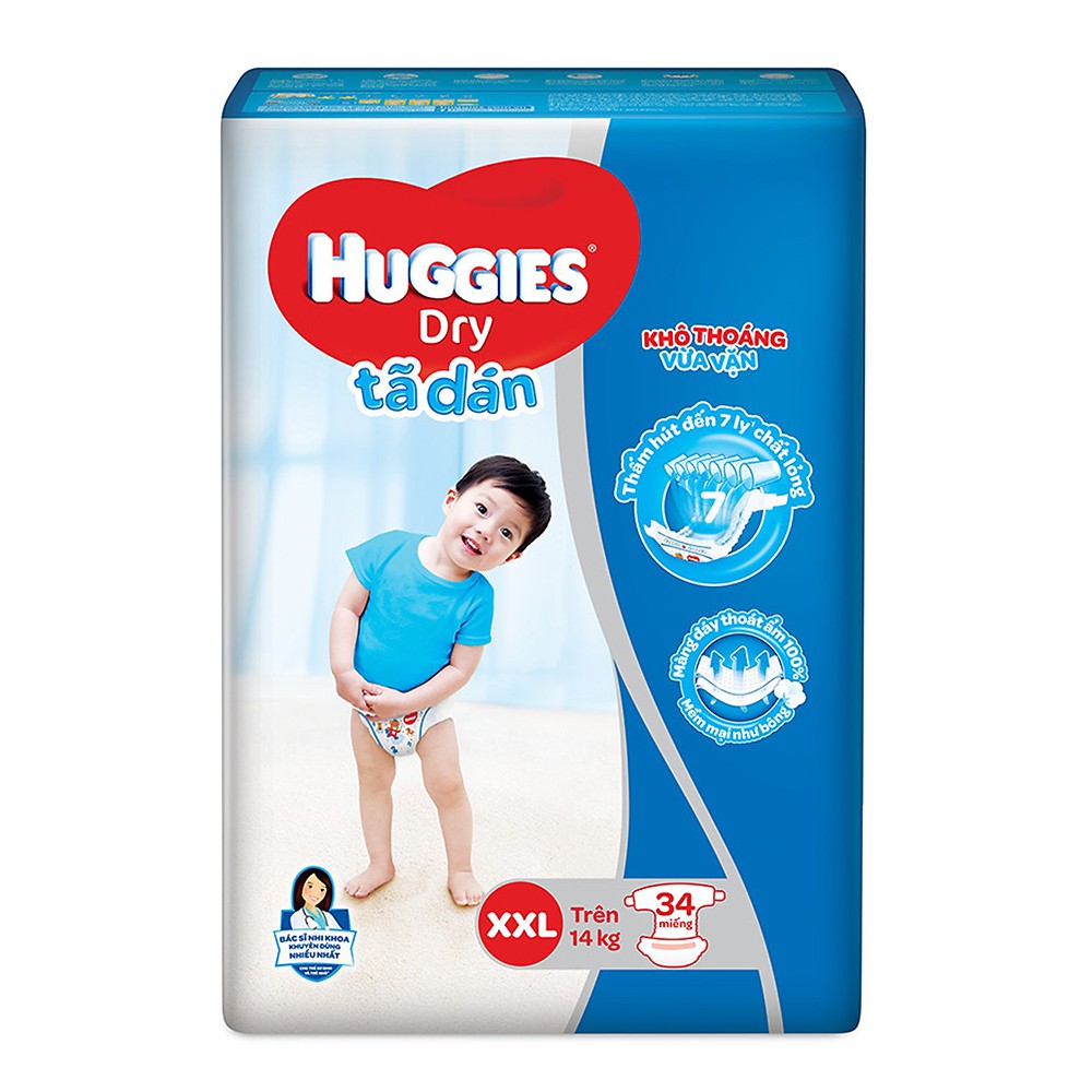 Tã Dán Huggies Dry Lưng Thun Đệm Mây Size XL38 / XXL 34  ( 12-17kg 38 miếng)