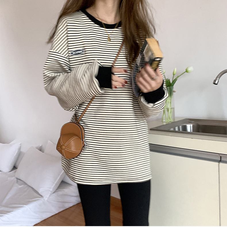Áo Thun Tay Dài Dáng Rộng Họa Tiết Sọc Ngang Thời Trang Xuân Thu Cho Nữ