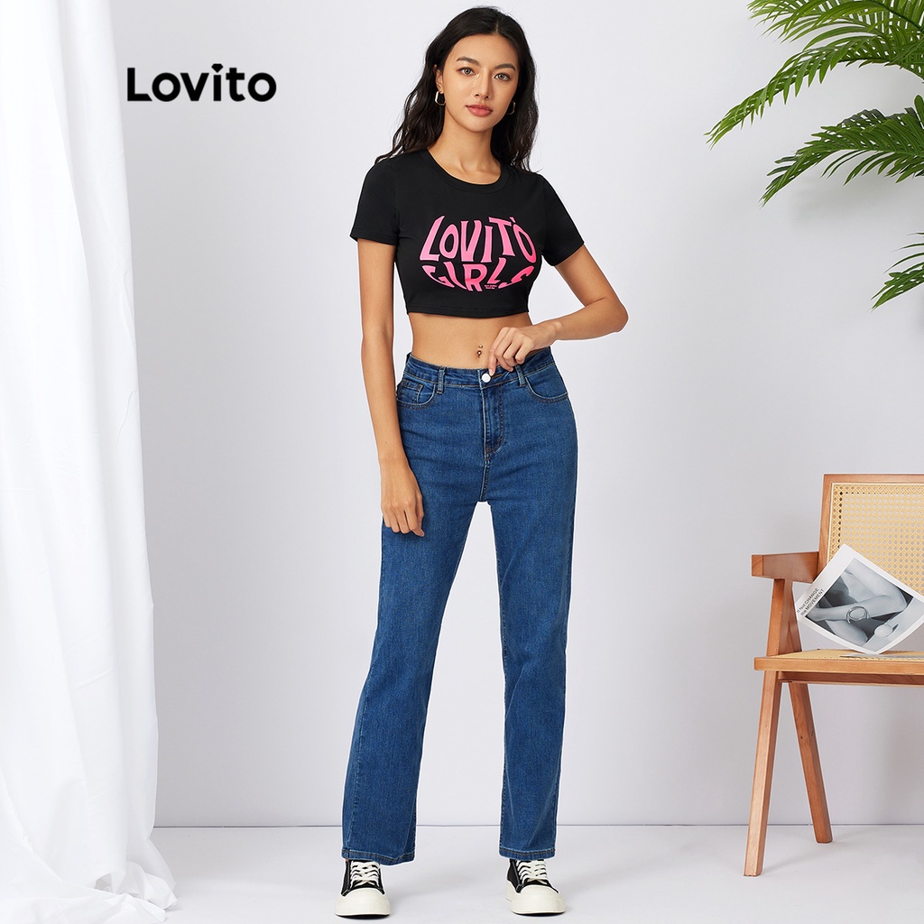 Lovito Phi hành đoàn Thư thường Áo phông Crop Tay ngắn Tay ngắn L21AS086 (Đen)