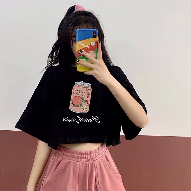 [Có ảnh thật] Áo croptop tay lỡ form rộng in Peach Juice