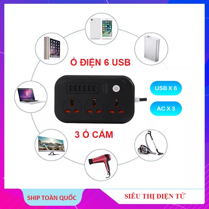 Ổ Sạc Điện Thoại CX- T6013, Kiêm Ổ Cắm Điện Thông Minh Chống Giật - 6 Cổng USB Sạc Nhanh 3 Cổng 250V Dây Dài 2m