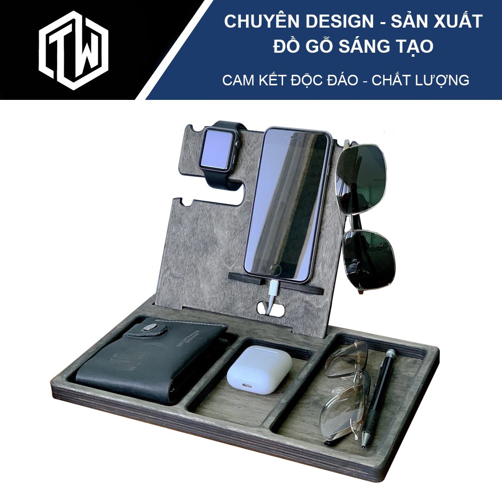 Giá đỡ điện thoại bằng gỗ kiêm kệ đựng phụ kiện đa năng, tích hợp dây sạc, sạc không dây cao cấp TiTi TH02