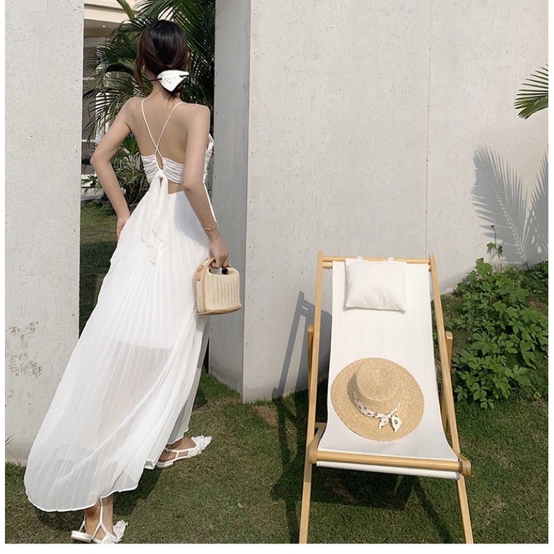 Yona’s Đầm đi biển hai dây xếp li trắng thắt dây eo tôn dáng  mã D17W