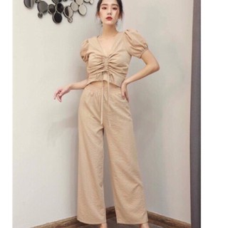 bộ nữ quần ống rộng lỡ áo dây rút ngực cá tính