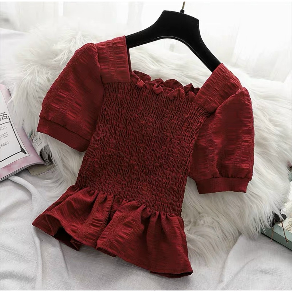 Áo nhún cổ vuông tay ngắn chất vải đũi xịn, phong cách dễ thương ôm dáng tôn dáng cực xinh | BigBuy360 - bigbuy360.vn