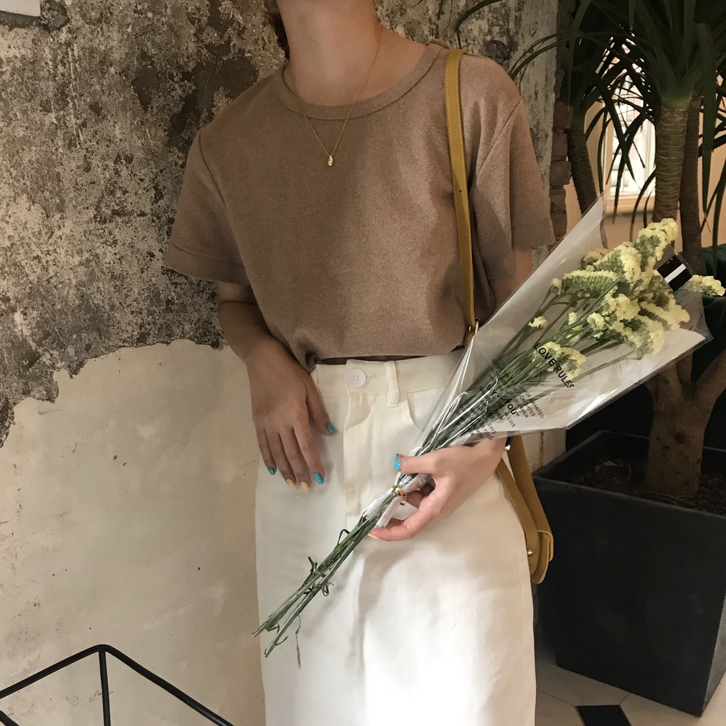 Áo Thun Ngắn Tay Cổ Tròn Màu Trơn Thời Trang Cho Nữ