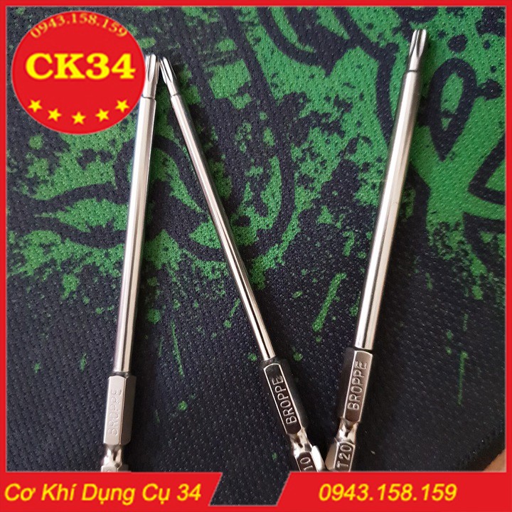 Mũi vít hoa thị có lỗ. Lục giác bông 3 pc cho khoan bắn vít T10, T15, T20 dài 100mm hãng BROPPE