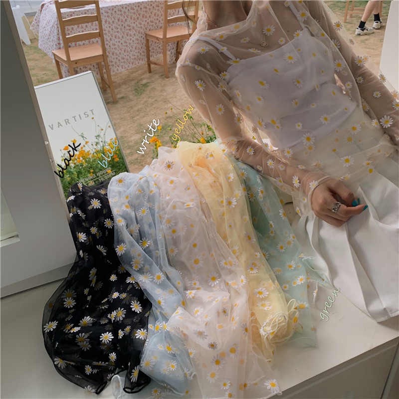 SUXI Áo Tay Dài Dáng Rộng Phối Lưới In Hình Hoa Cúc Kiểu Hàn Quốc Xinh Xắn Cho Nữ