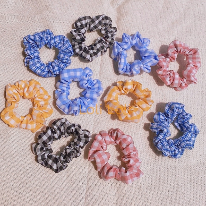 Scrunchies cột tóc caro đơn giản nhiều màu. Buộc tóc caro mini size LoLi