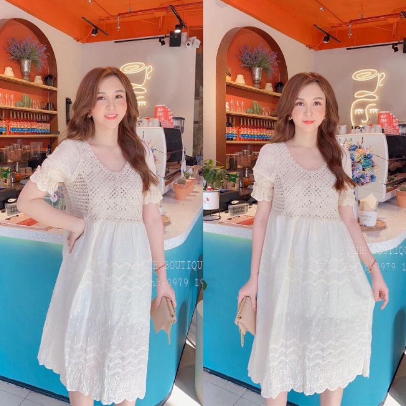 ĐẦM REN KEM ĐỤC LÕ PHỐI LEN ĐAN