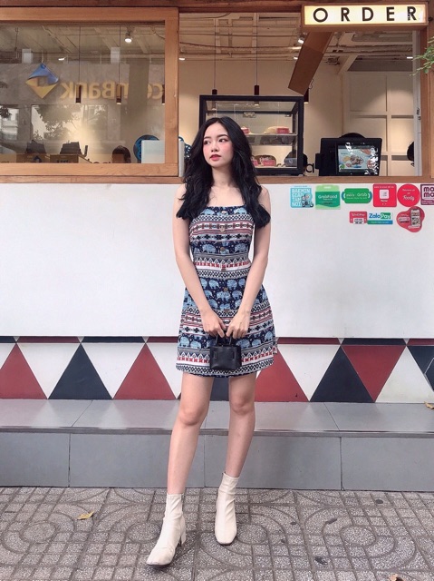 Đầm Lolii Dress hoạ tiết thổ cẩm chất vải lụa mịn - váy 2 dây hở lưng thắt nơ lưng có sẵn mút ngực from chuẩn tôn dáng