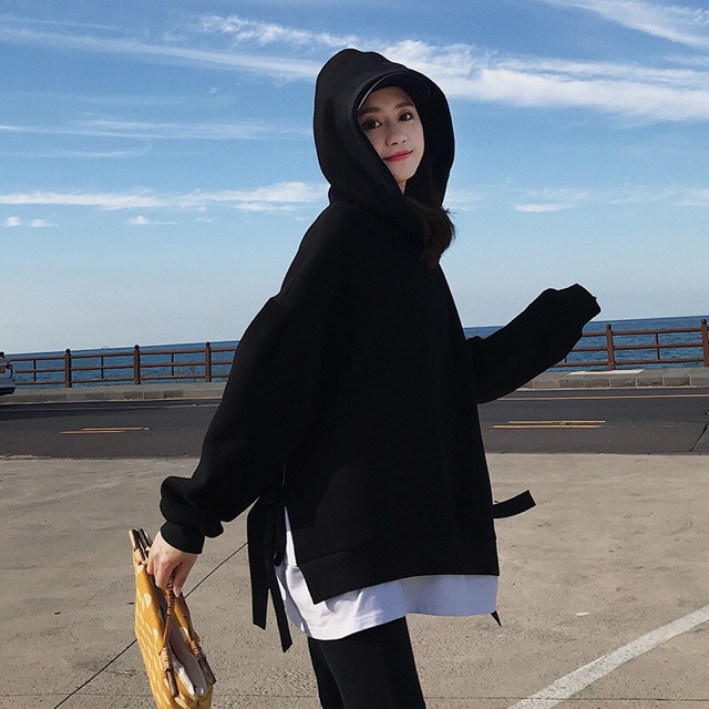 Áo hoodie nỉ form rộng tay dài dây buộc nơ sườn | WebRaoVat - webraovat.net.vn