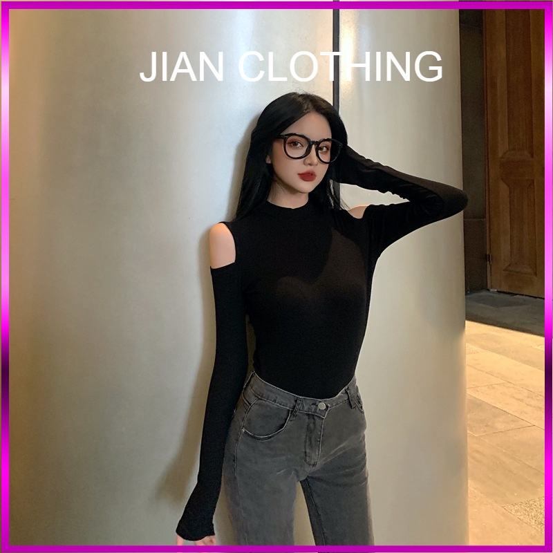 Áo thun body nữ vai khoét cổ cao dài tay dáng ôm 4 màu Jian Clothing
