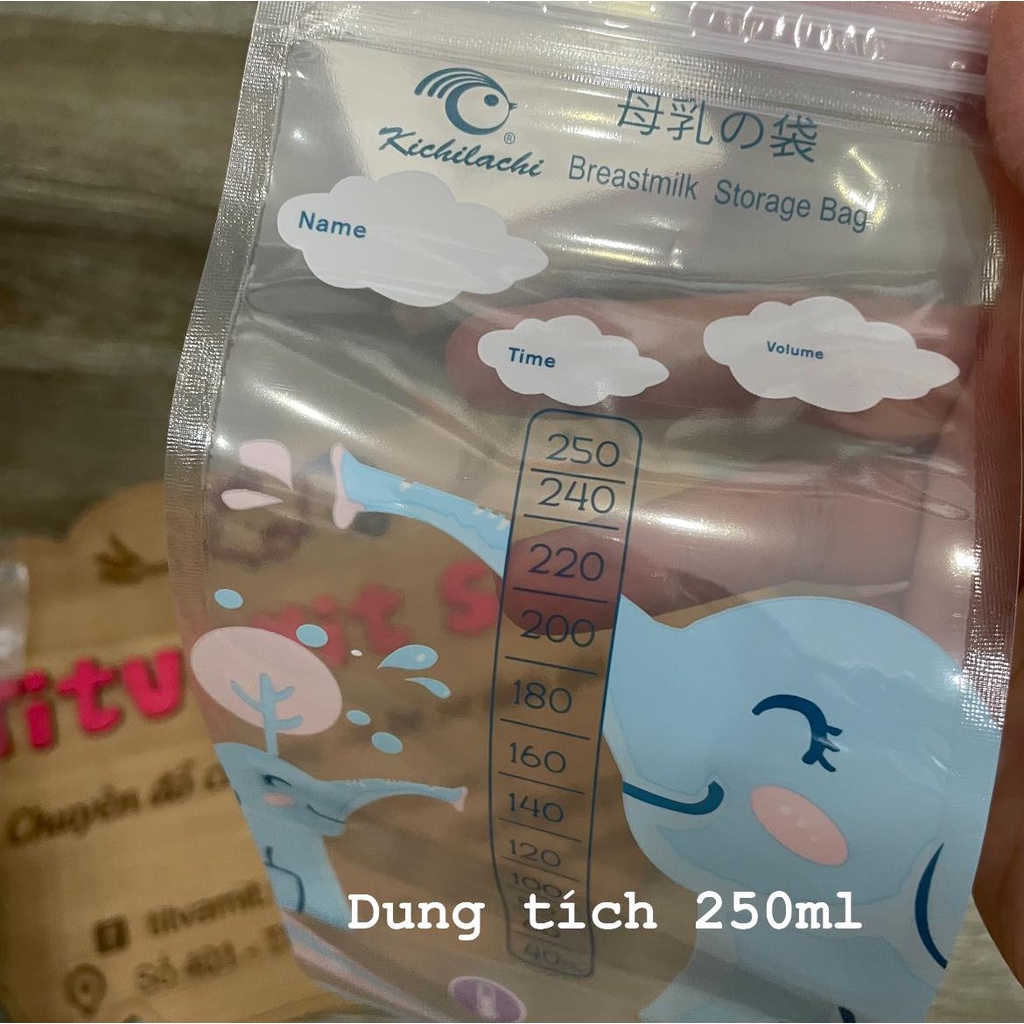 Hộp 50 túi trữ sữa Kichilachi 250ml con voi khử trùng an toàn cho bé