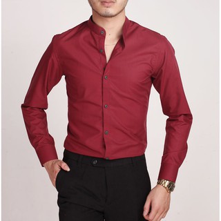 Sơ mi cổ tầu nam, mầu đỏ đô, chất lụa nến Thái không nhăn, không xù