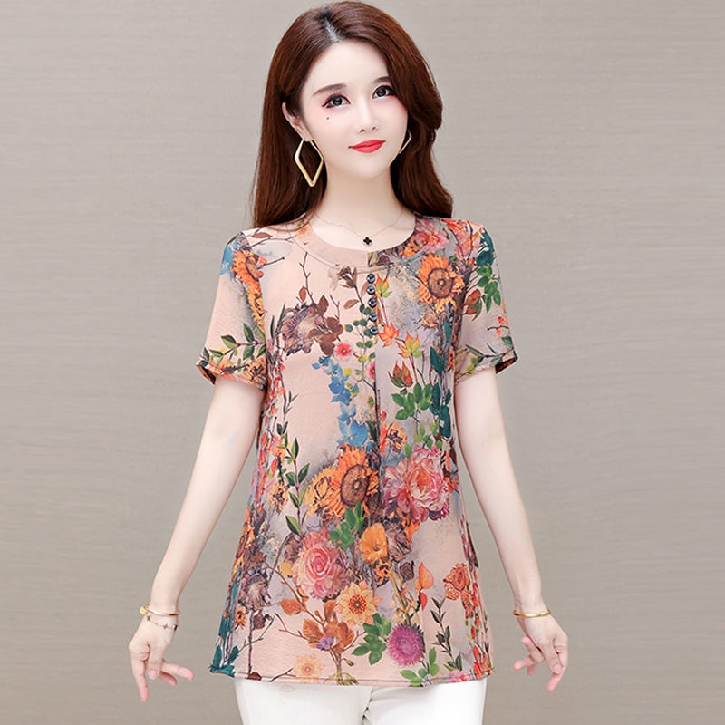 Áo sơ mi cotton lanh dáng rộng tay ngắn phong cách phương Tây cho phụ nữ trung niên và lớn tuổi 50To60