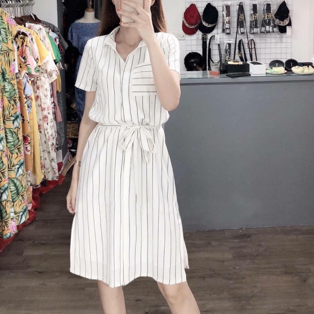 Đầm sơ mi sọc trắng đen (kèm quà tặng)