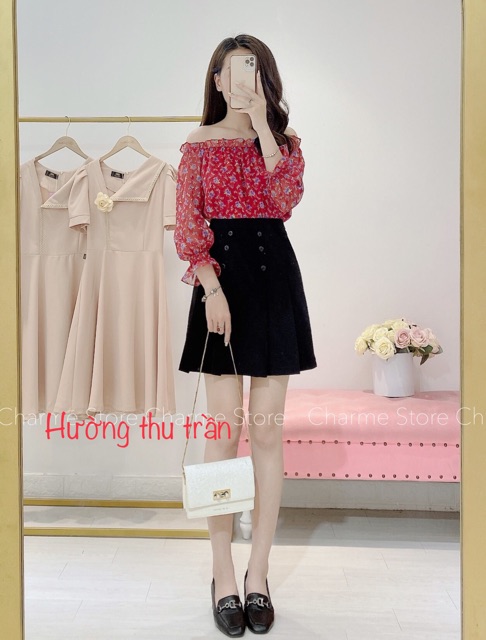 Chân váy xếp li phối cúc dáng ngắn trẻ trung, chân váy công sở trên gối, 6 li 2 hàng cúc nhỡ dài 50cm