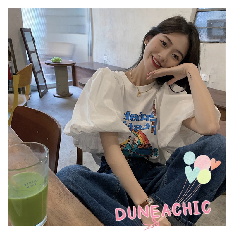 DUNEA Áo Thun Tay Ngắn Phồng Dáng Rộng Thời Trang Cho Nữ