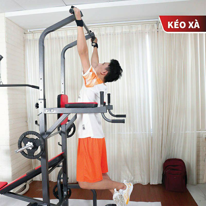 Ghế tập tạ đa năng xà đơn xà kép Hoàng Đức Sport kèm đòn tạ dài 1.5m.50kg tạ gang xuki 0968417433