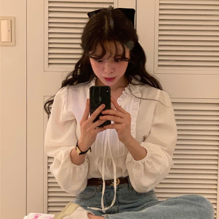 Áo Sơ Mi Phối Ren Màu Trắng Ngọt Ngào Phong Cách Hàn Quốc
