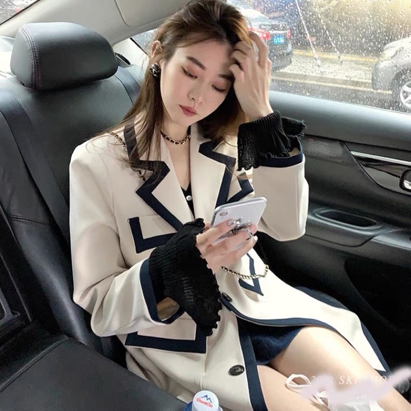 Áo khoác blazer 2 lớp đính cúc tay dày dặn/ vest nữ trắng be kẻ viền xanh than Quảng Châu