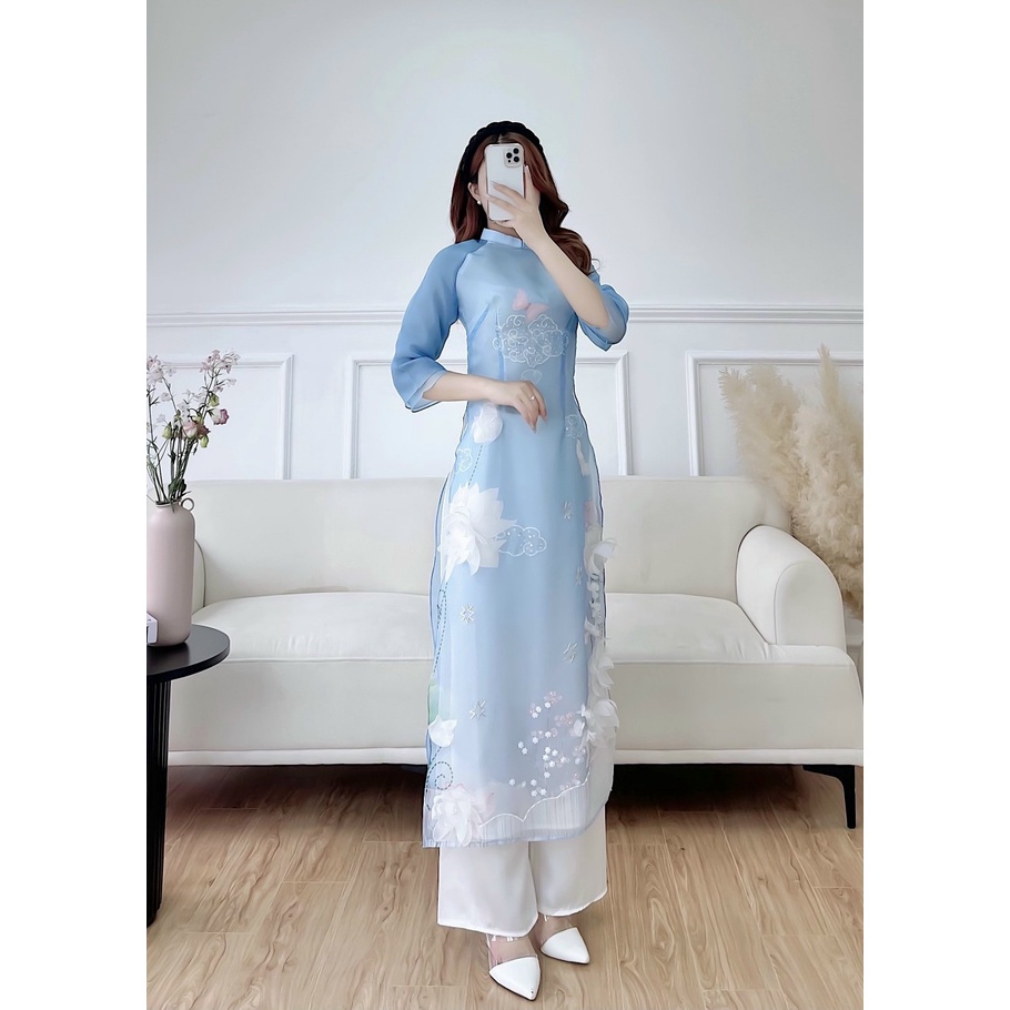 Áo dài đóa nhi xanh họa tiết đính kết hoa nổi tỉ mỉ Nét Việt