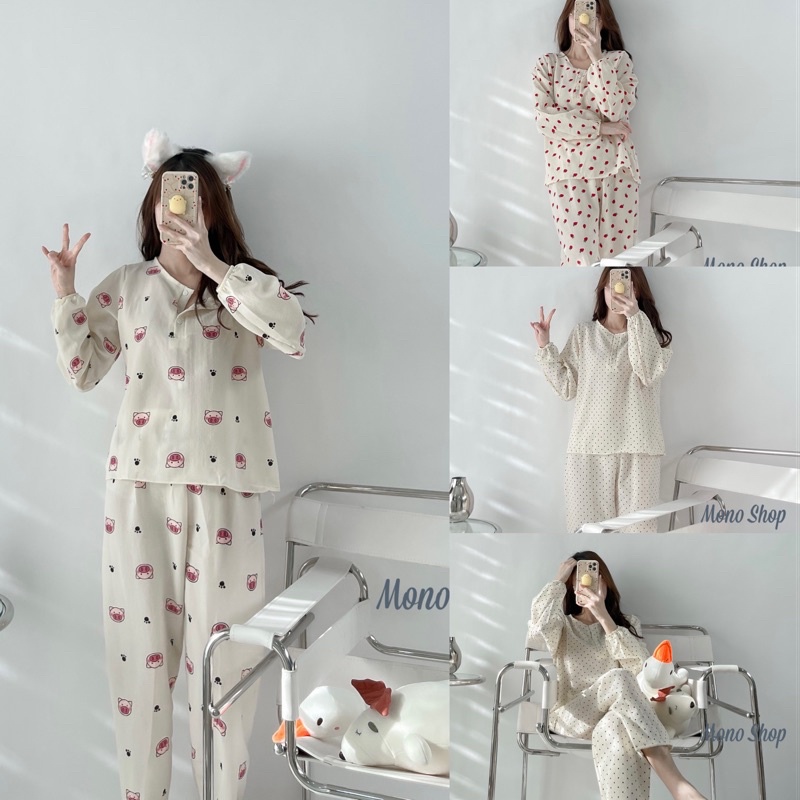 Đồ ngủ dài tay chất xốp hoạ tiết hoạt hình cổ cài nút Ảnh thật sẵn | BigBuy360 - bigbuy360.vn