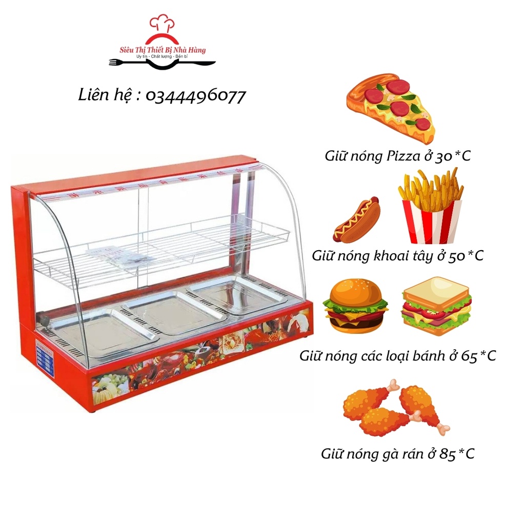 Tủ trưng bày và giữ nóng gà rán KFC, xúc xích, khoai tây chiên, humberger. Tủ trưng bày 2 tầng 3 khay