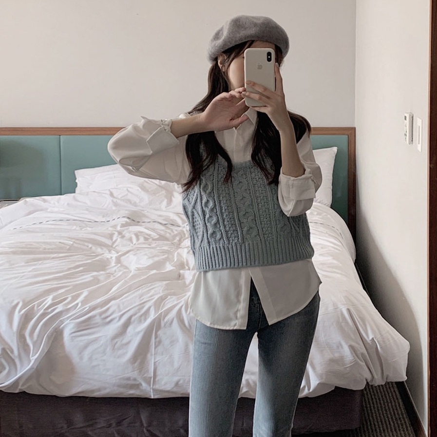 Áo Sơ Mi Trắng Tay Dài Dệt Kim Đơn Giản Dễ Phối Đồ 48721