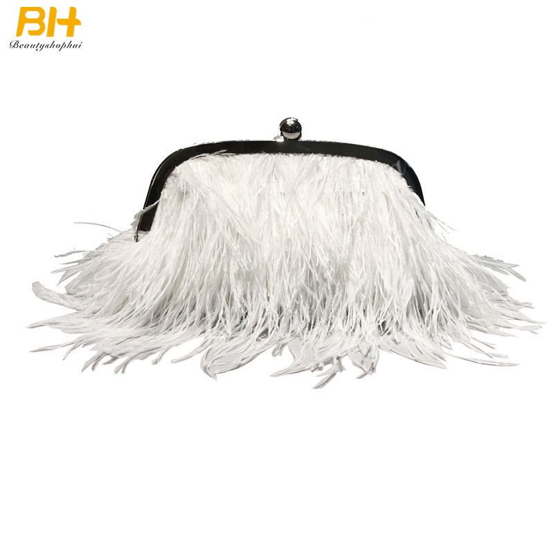 Túi Đeo Chéo Lông Đà Điểu Đính Ngọc Trai Thời Trang Cho Nữ