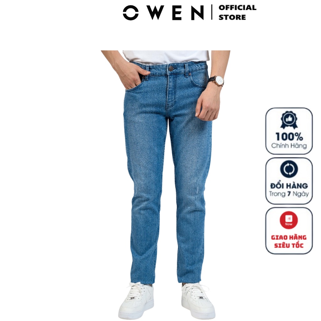 Quần Jean Nam Quần Bò Hàng Hiệu Cao Cấp Owen QJSL23960 Ống Côn Slim Fit Màu Xanh Nhạt Vải Cotton Spandex Đàn Hồi Tốt