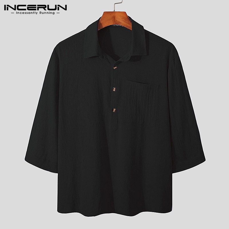 INCERUN Áo Sơ Mi 100% Cotton Tay 3 / 4 Thời Trang Mùa Hè Cho Nam Giới