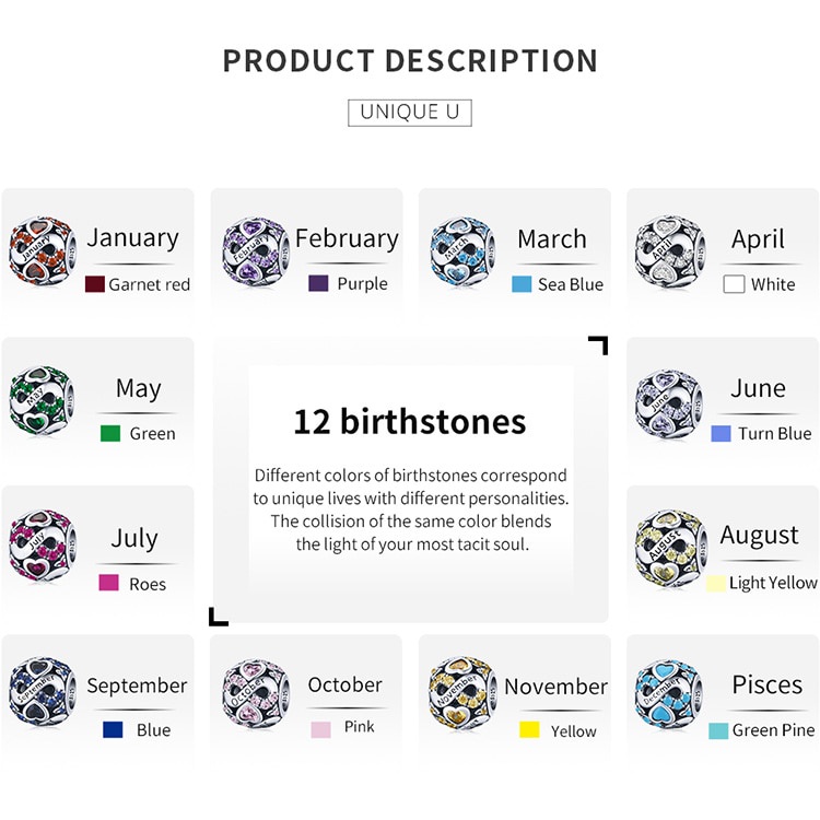 Charm bạc 925 Bamoer BSC508 hạt đá sinh tình yêu vô hạn pha lê nhiều màu cho vòng tay nữ