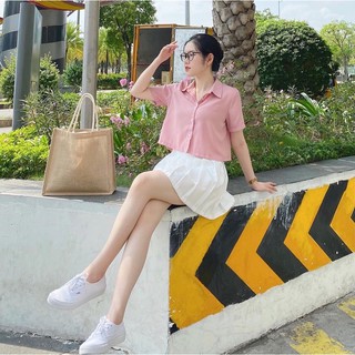 Áo Sơmi Croptop Nữ Tay Ngắn Màu Pastel Siêu Xinh - Áo Sơmi Lụa Cotton