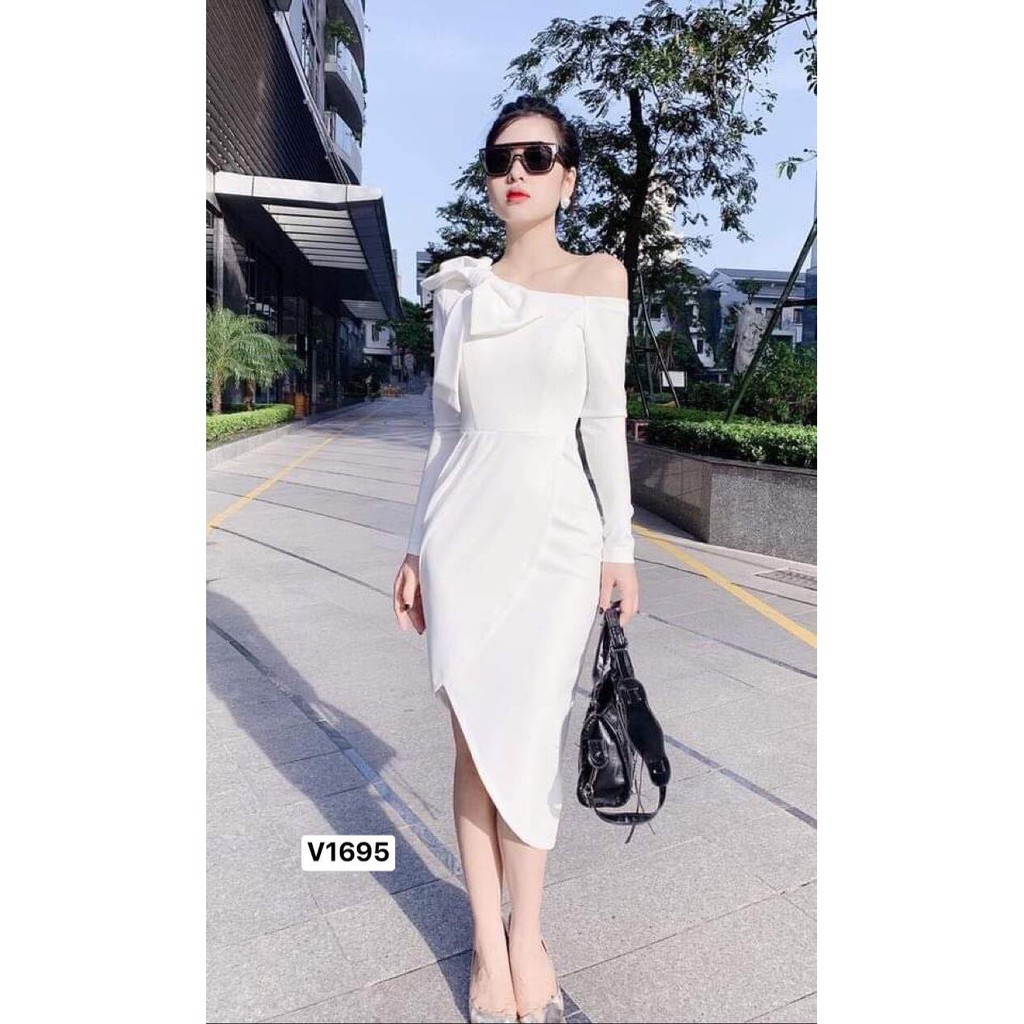 Đầm nữ Đầm body ôm 🌈 Đẹp DVC 🌈 Váy trắng lệch vai nơ V1695