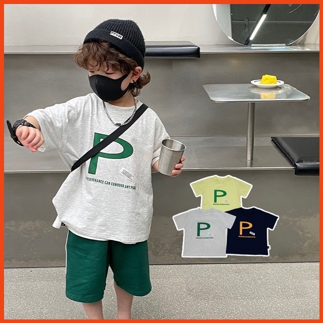 Áo phông ngắn tay chữ P cho bé trai chất cotton - Quần áo mùa hè trẻ em 2-8 tuổi (Có clip, ảnh thật)