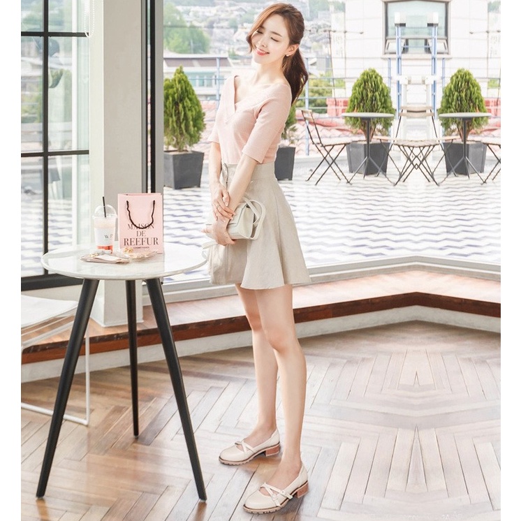 Giày Búp Bê Nữ Sandal Nữ Quai Chéo Gót Thấp 3 Phân Phong Cách Nhật Bản